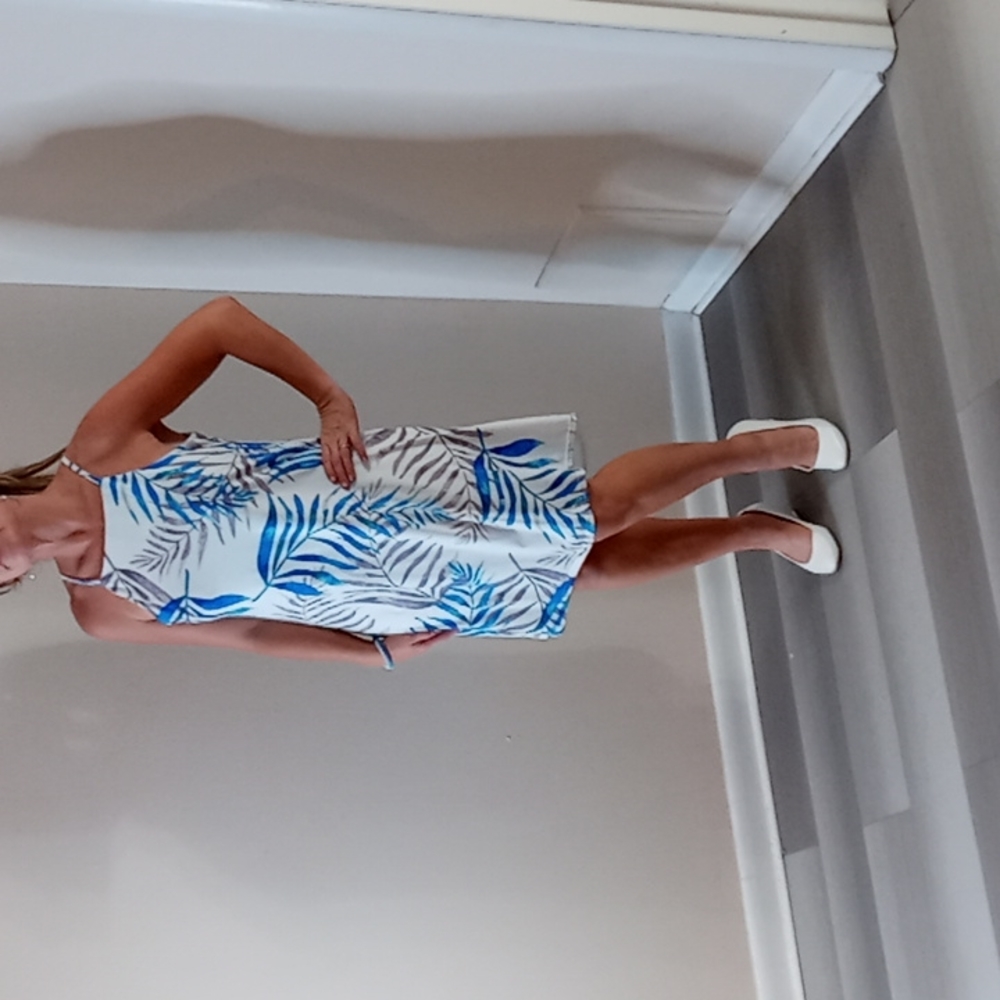 White Tropical Sun Dress with Turquoise & Gray Designs